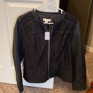 Black pleather jacket with lace overlay.